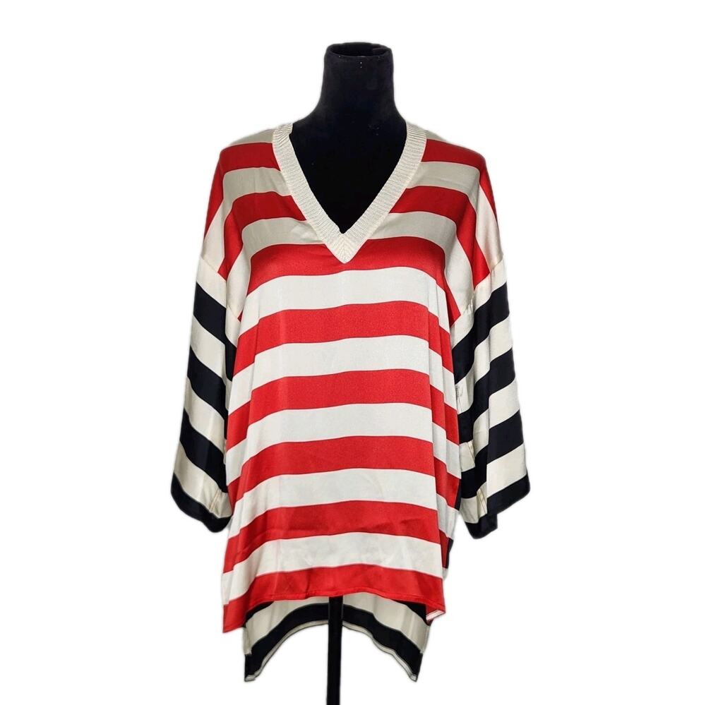 Vtg Gianfranco Ferre Silk Striped Oversized Vneck Tee Women's Size 38 Italy